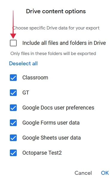 Selecting content to download from Drive on Google Takeout website.