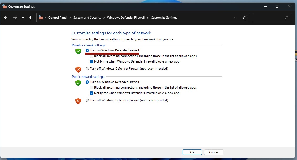 Disabling "Turn on Windows Defender Firewall" in Control Panel. 