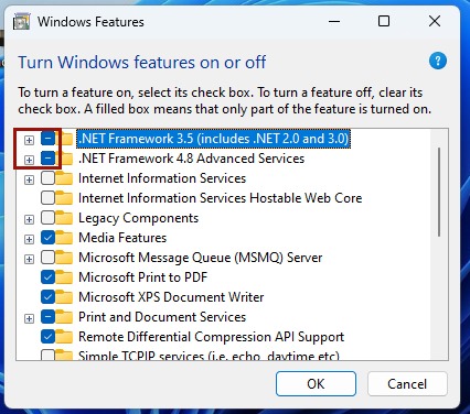 Windows Features .NET Framework options visible. 