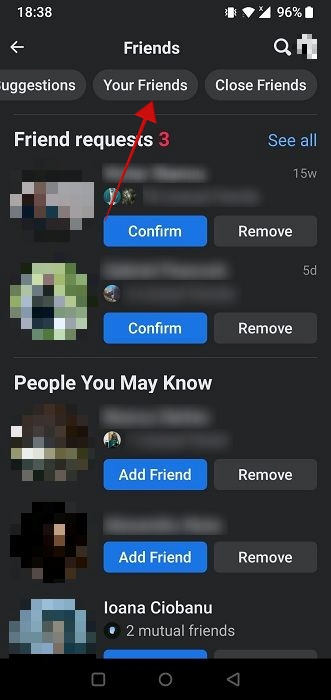 "Your friends" tab in Facebook mobile app. 