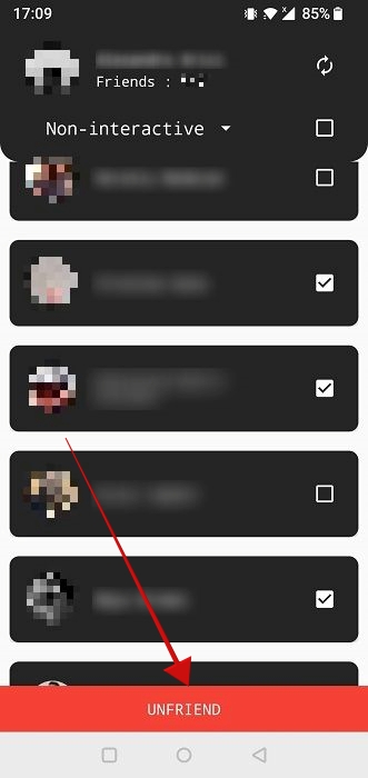 "Unfriend" button in Unfriend non-interactive frnds app.