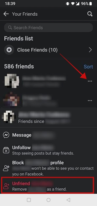 Tapping on three dots next to Facebook username to unfriend in mobile app. 