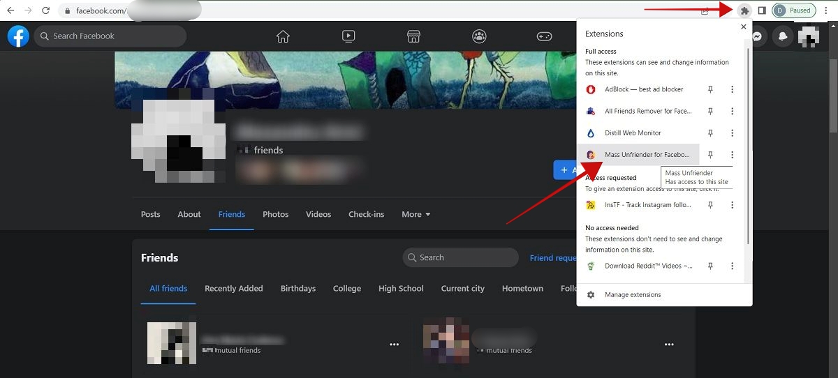 Activating the Mass Unfriender extension. 