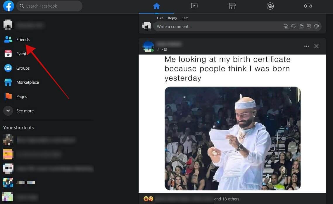 Clicking on "Friends"  option on Facebook feed.