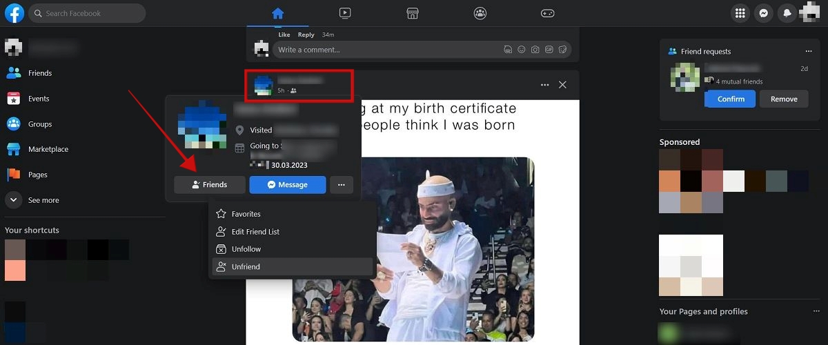 Hovering mouse over user's profile picture in Facebook feed.