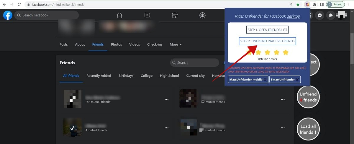 Clicking on "Unfriending inactive friends" option. 