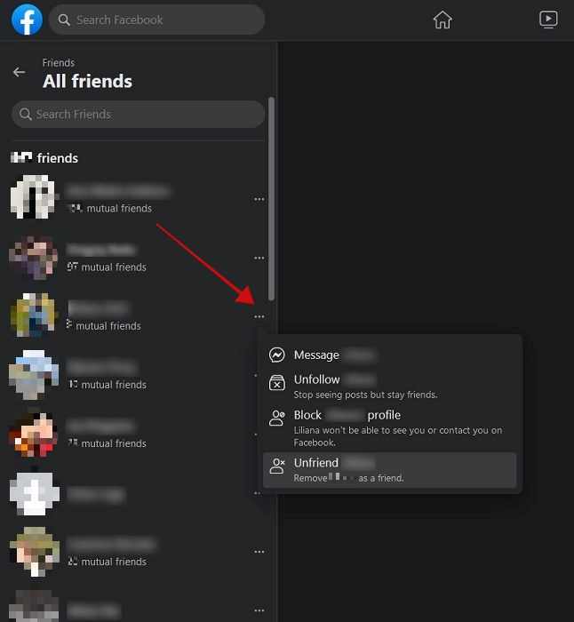 Pressing three dots next to username in "All friends" tab.