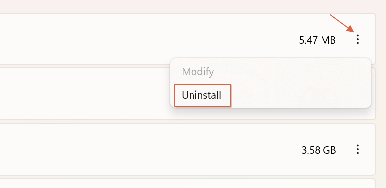"Uninstall" button for program in Settings.