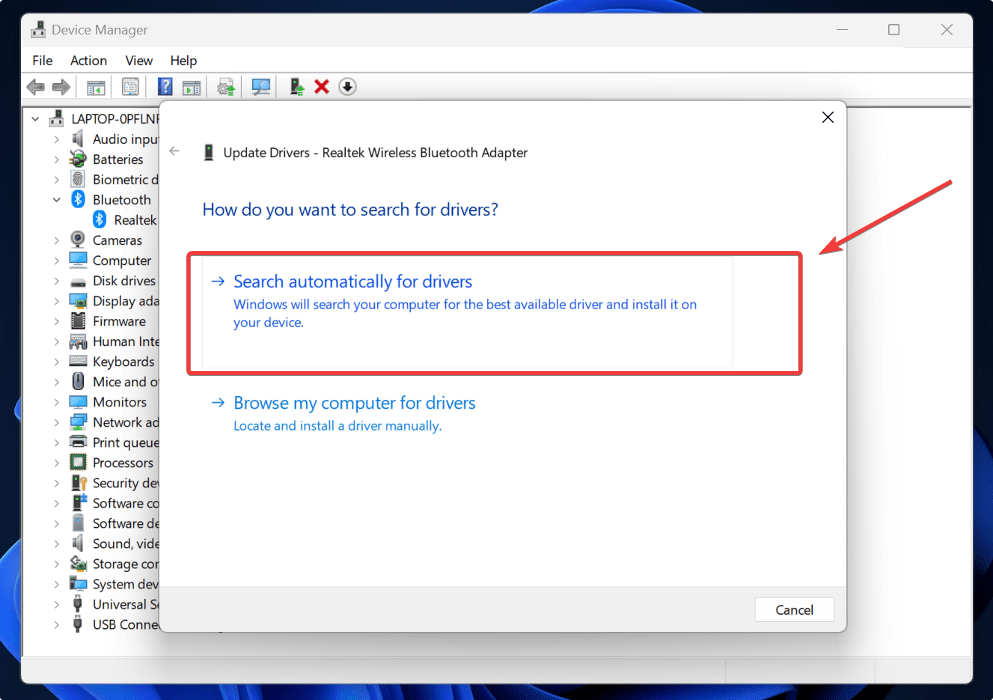 Clicking on "Search automatically for drivers" option in Device Manager.