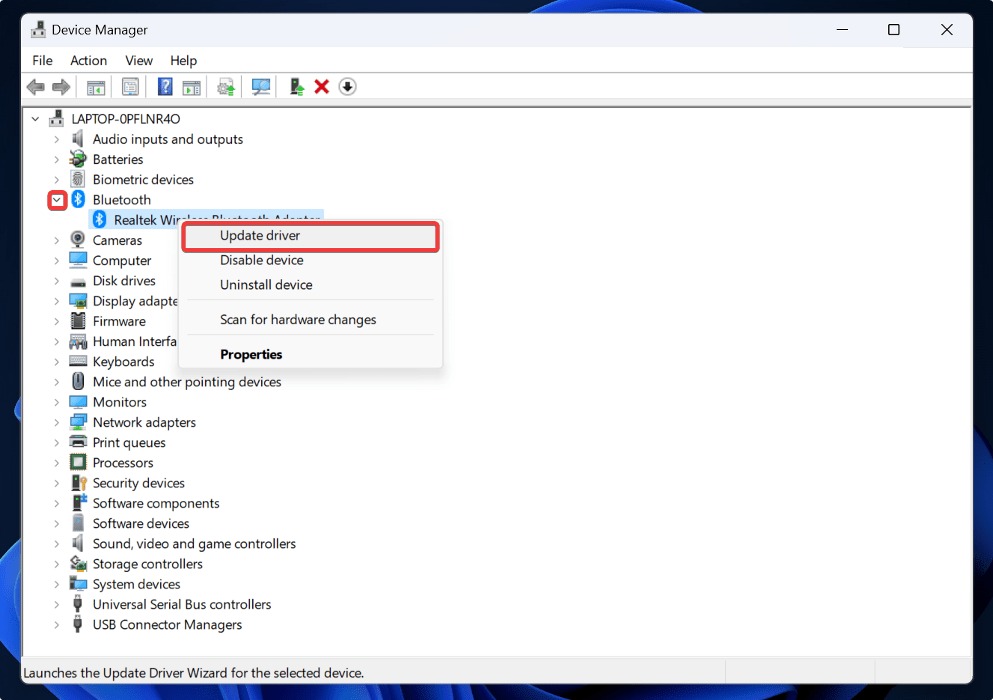 Updating Bluetooth driver from Device Manager. 