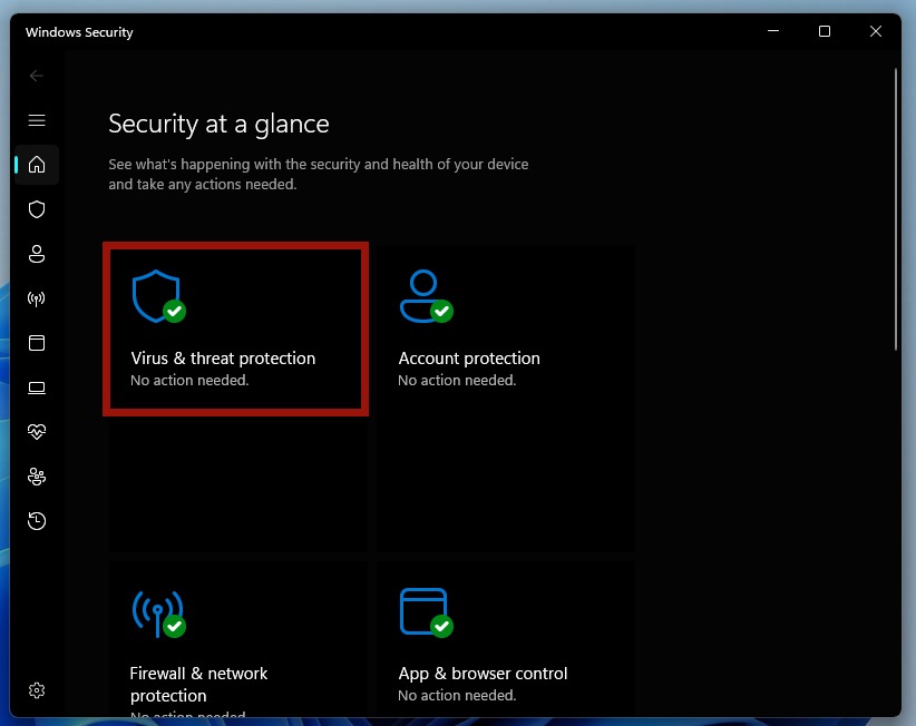 Clicking on "Virus & threat protection" in Windows Security app. 