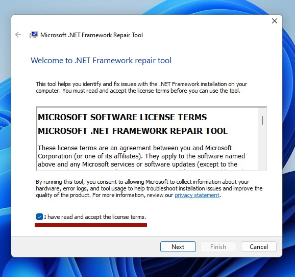 License terms agreement wile installing .NET Framework Repair Tool. 