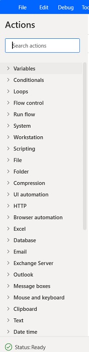 Full view of Actions options in Power Automate app.