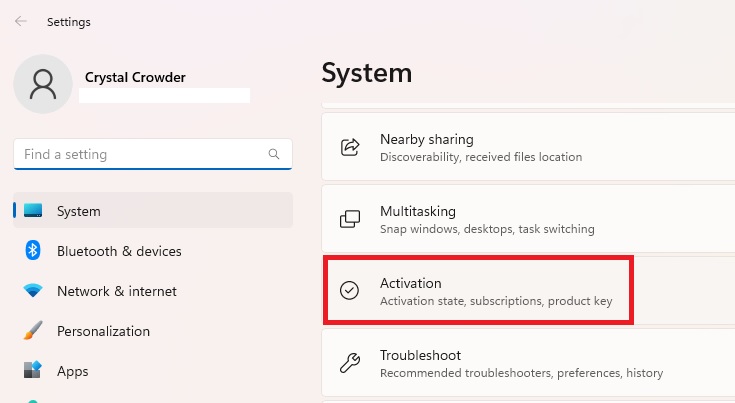 Going to "Activation" option under System in Settings.