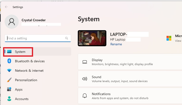 Accessing System menu from Settings.