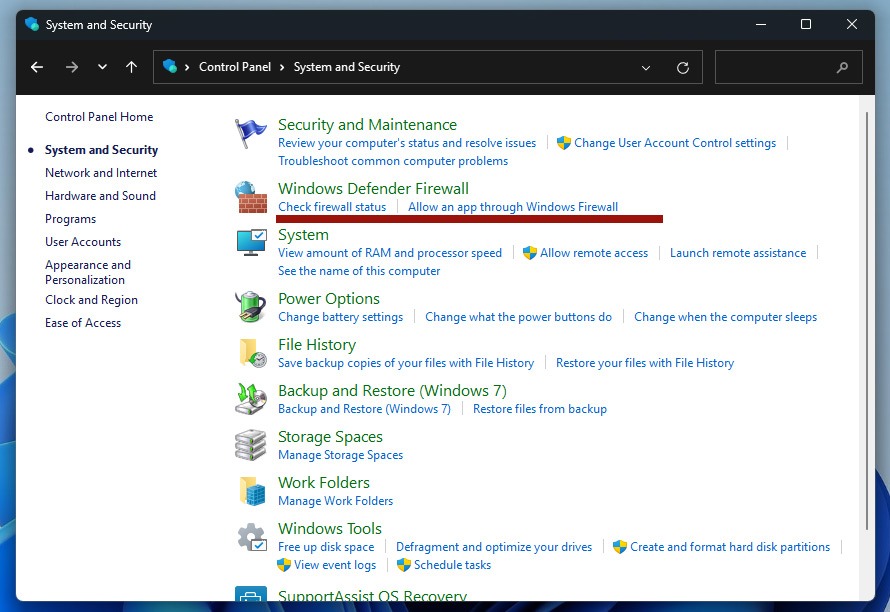 "Windows Defender Firewall" option in Control Panel.