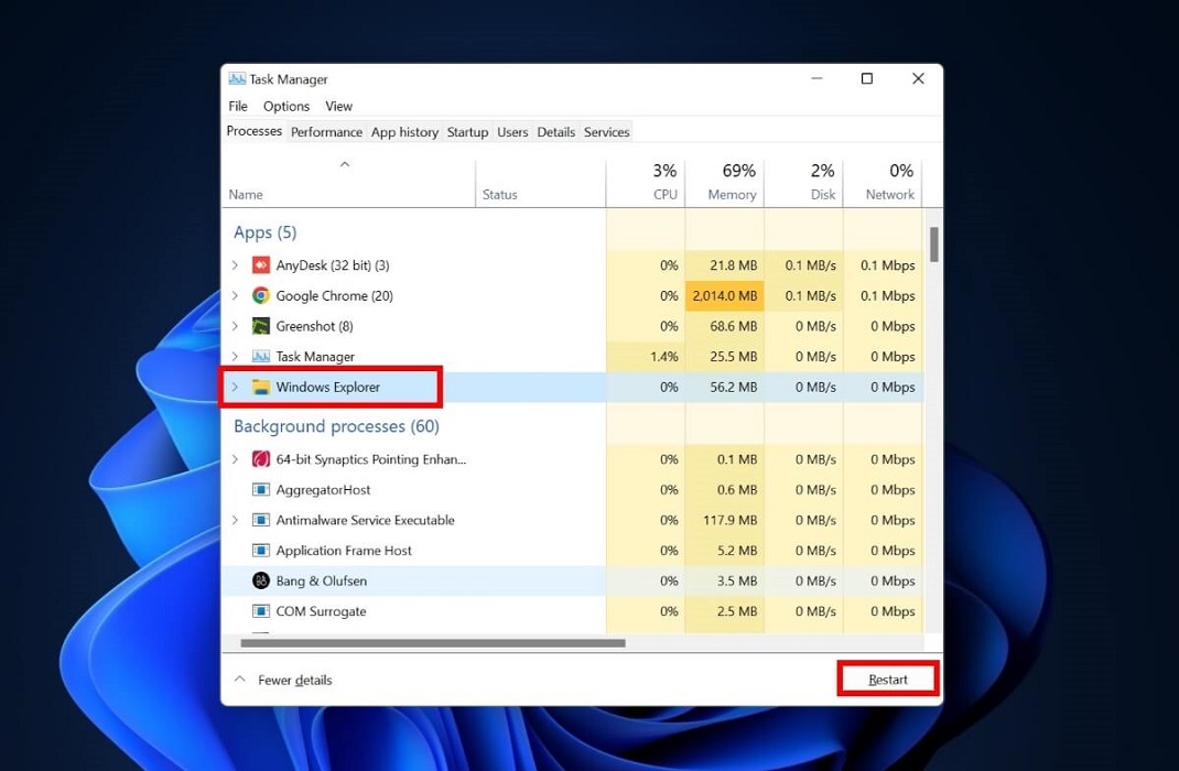 Restarting Windows Explorer in Task Manager in Windows. 