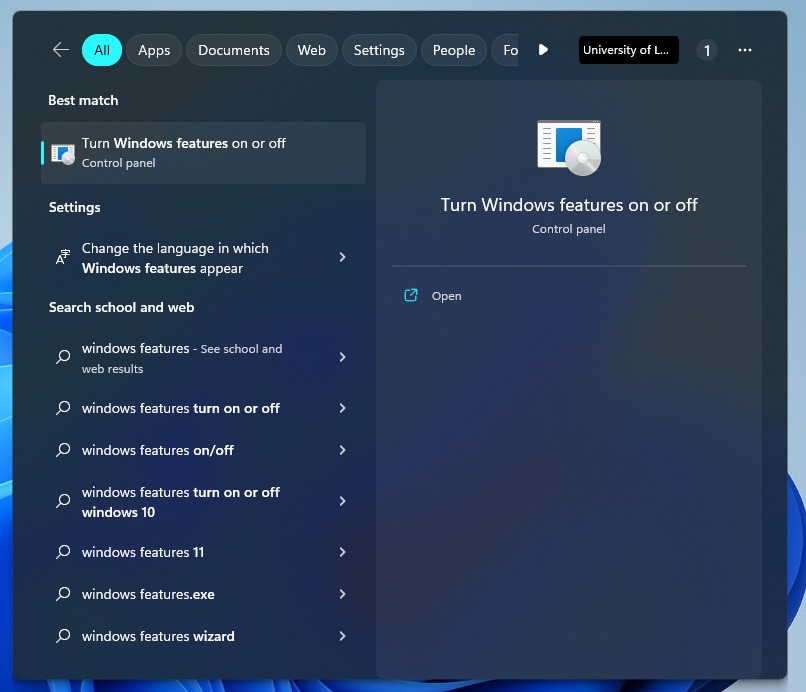 Searching for "Windows Features" from the Start menu.