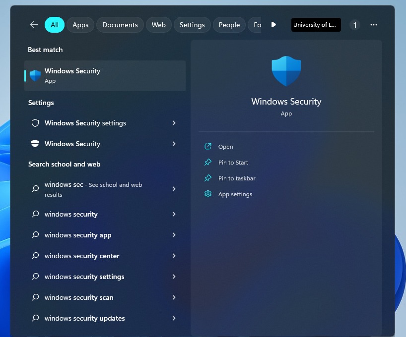 Searching for "Windows Security" via Start menu.