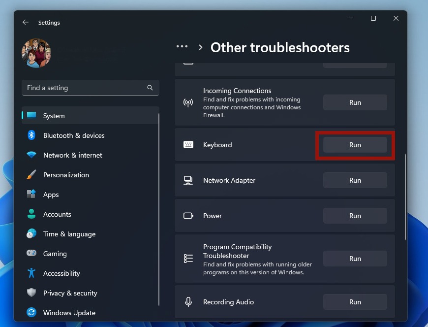 Running the "Keyboard" troubleshooter in Windows.