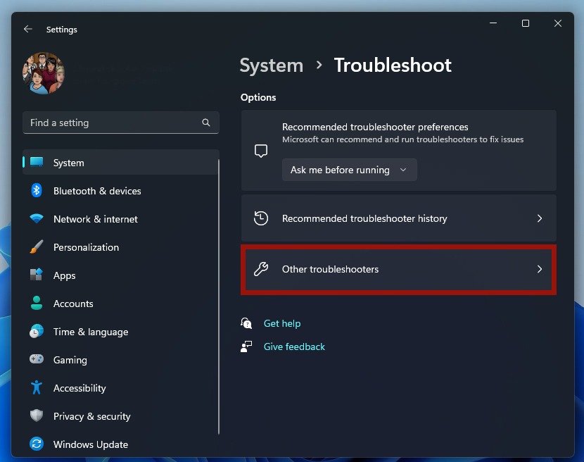Selecting "Other troubleshooters" from the menu in System. 