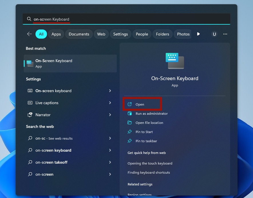 Typing "on-screen keyboard" in Windows search.