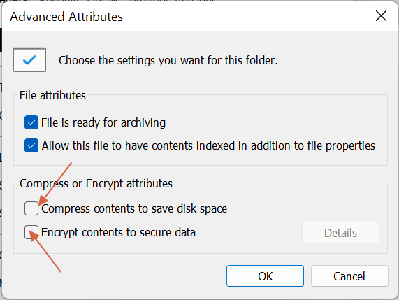 Checking "Compress contents to save disk space" and "Encrypt contents to secure data" options in Advanced settings.