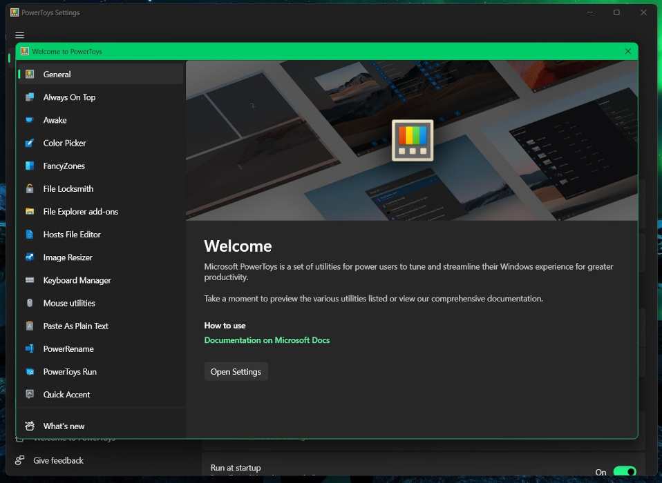 Welcome splash screen in PowerToys app. 