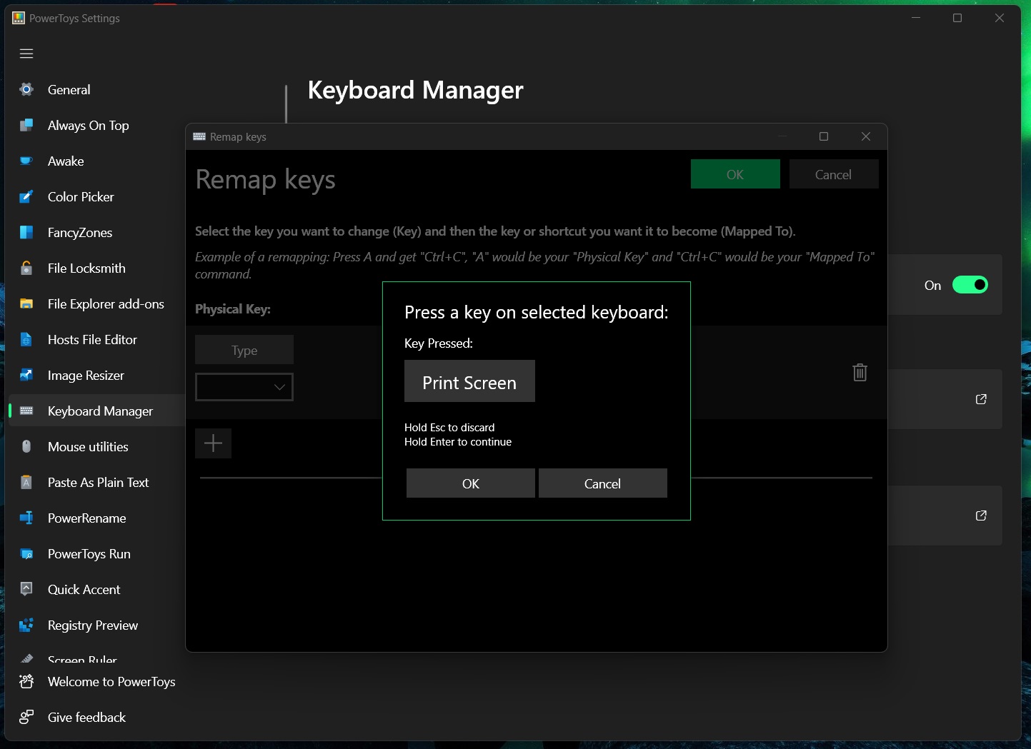 Clicking on "OK" buttn in "Press a key on selected keyboard" pop-up. 