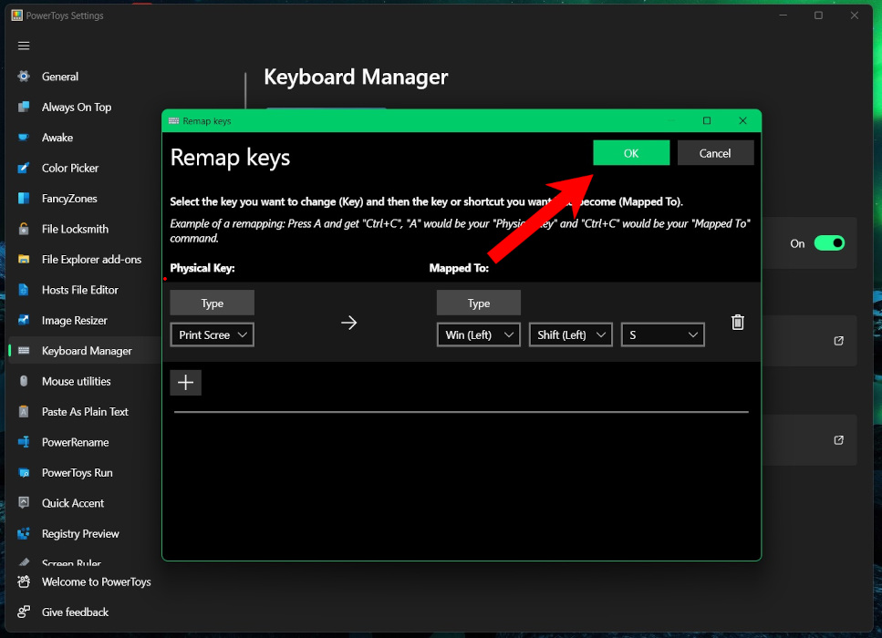 Verifying configuration and pressing "OK" button.