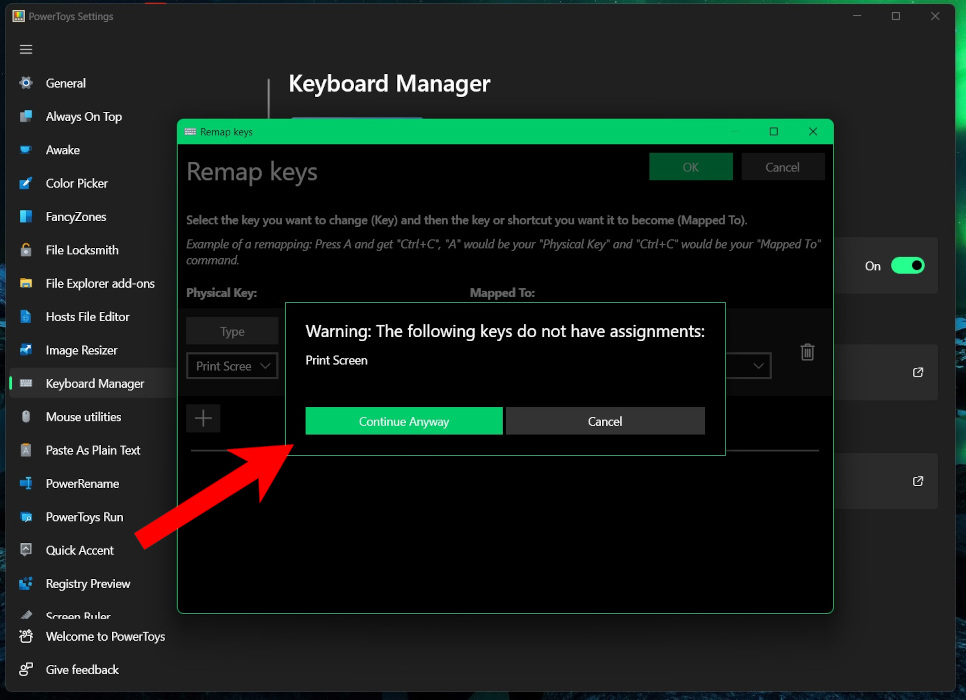 Confirm choice by pressing "Continue Anyway" button in PowerToys app. 