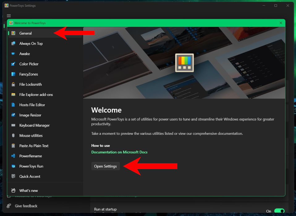 Clicking on "Open Settings" from General in PowerToys. 