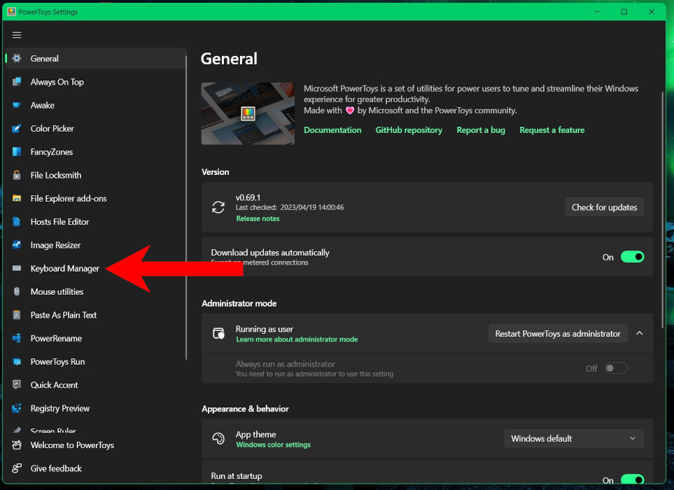 Clicking on "Keyboard Manager" in PowerToys app. 