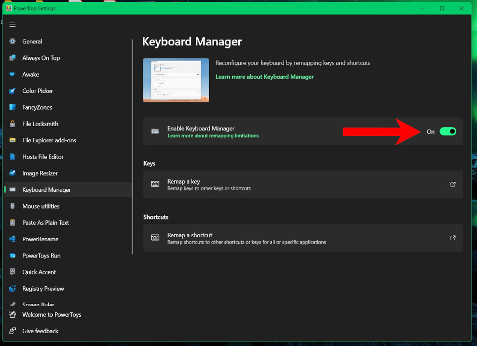 Turning on "Enable Keyboard Manager" toggle in PowerToys. 