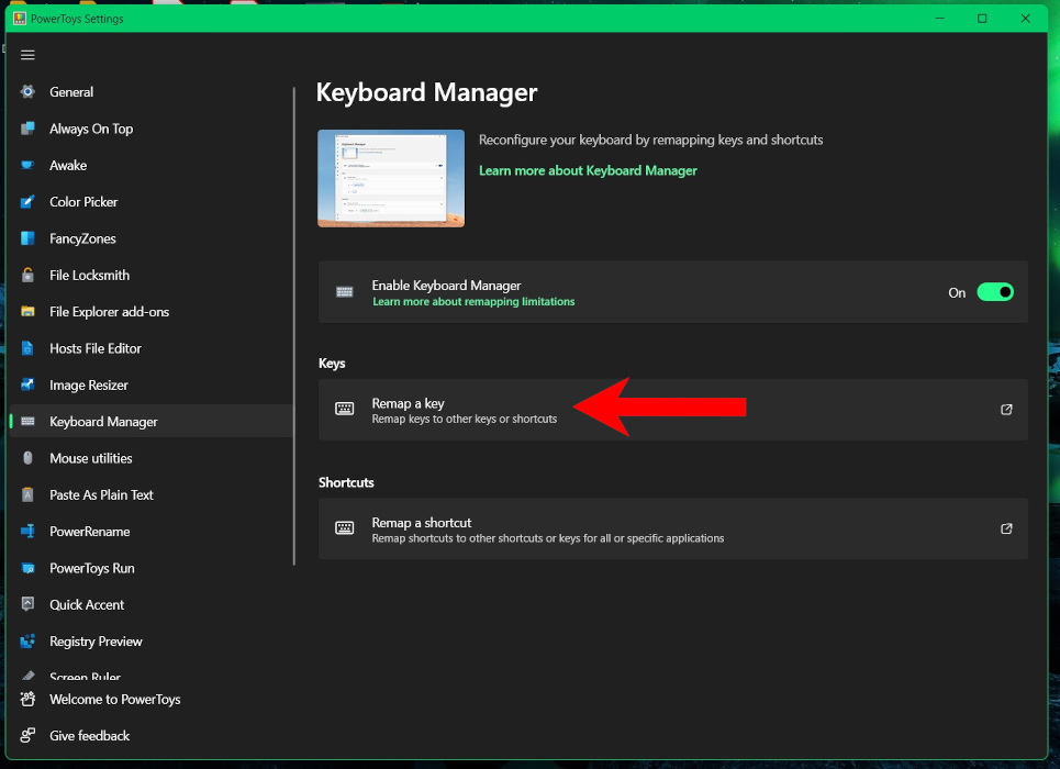 Clicking on "Remap a key" under "Keys" in PowerToys. 