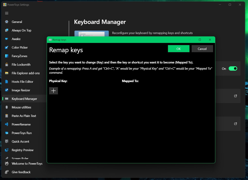 "Remap keys" dashboard in Power Toys. 