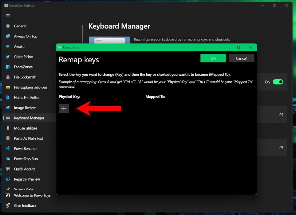 Clicking the "+" (add) button under Physical Key. 