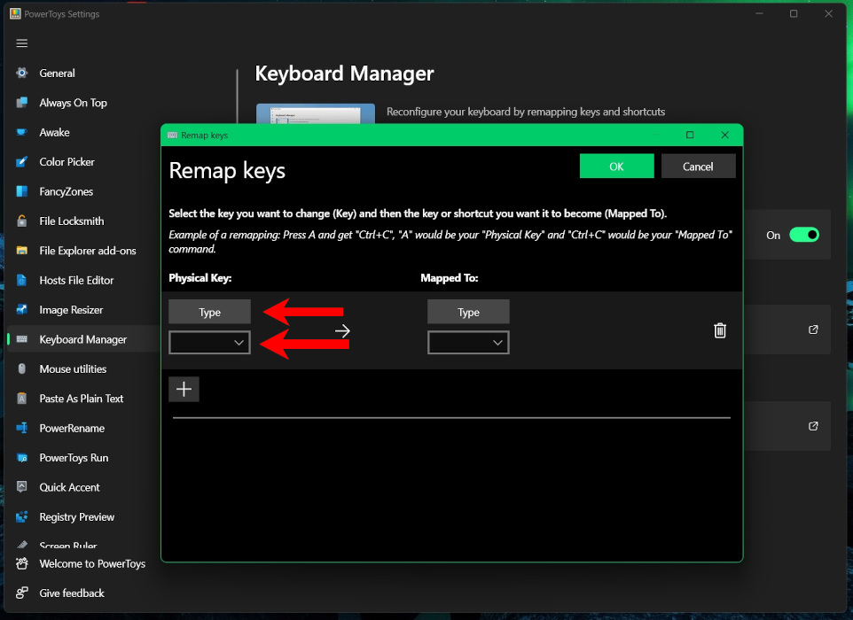 Typing the button you'd like to remap in PowerToys. 