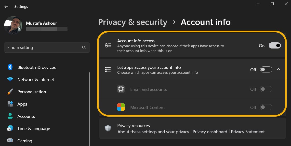 Account info privacy options available via Windows Settings. 