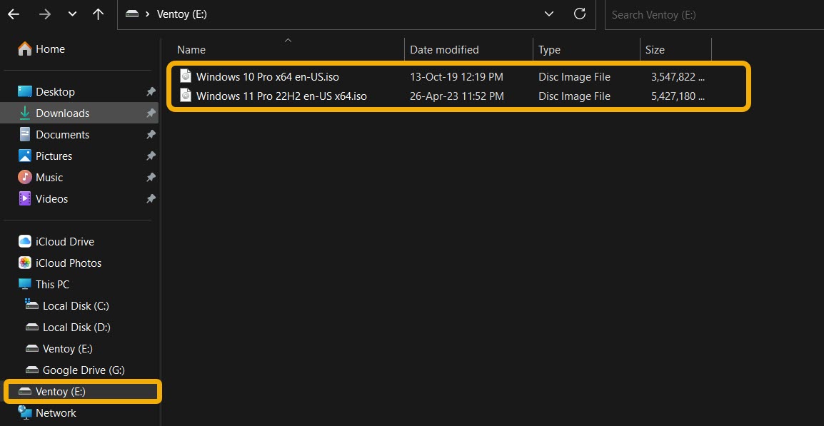 ISO files copied on USB device formatted by Ventoy.