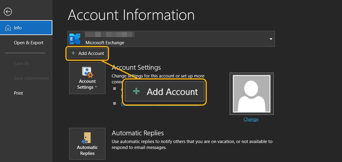 Clicking on "Add account" button in Outlook app for Windows. 