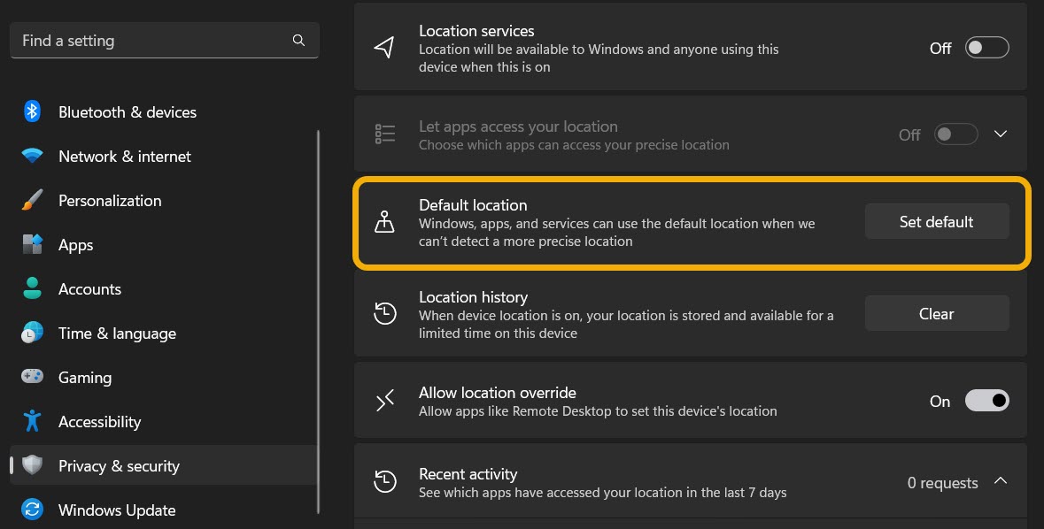 Setting a "Default location" with "Location services" off in Windows Settings. 