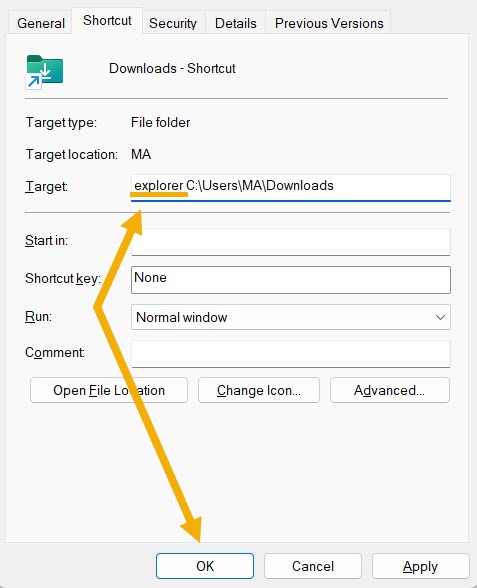 Adding "explorer" to "Target" field in folder Properties window. 