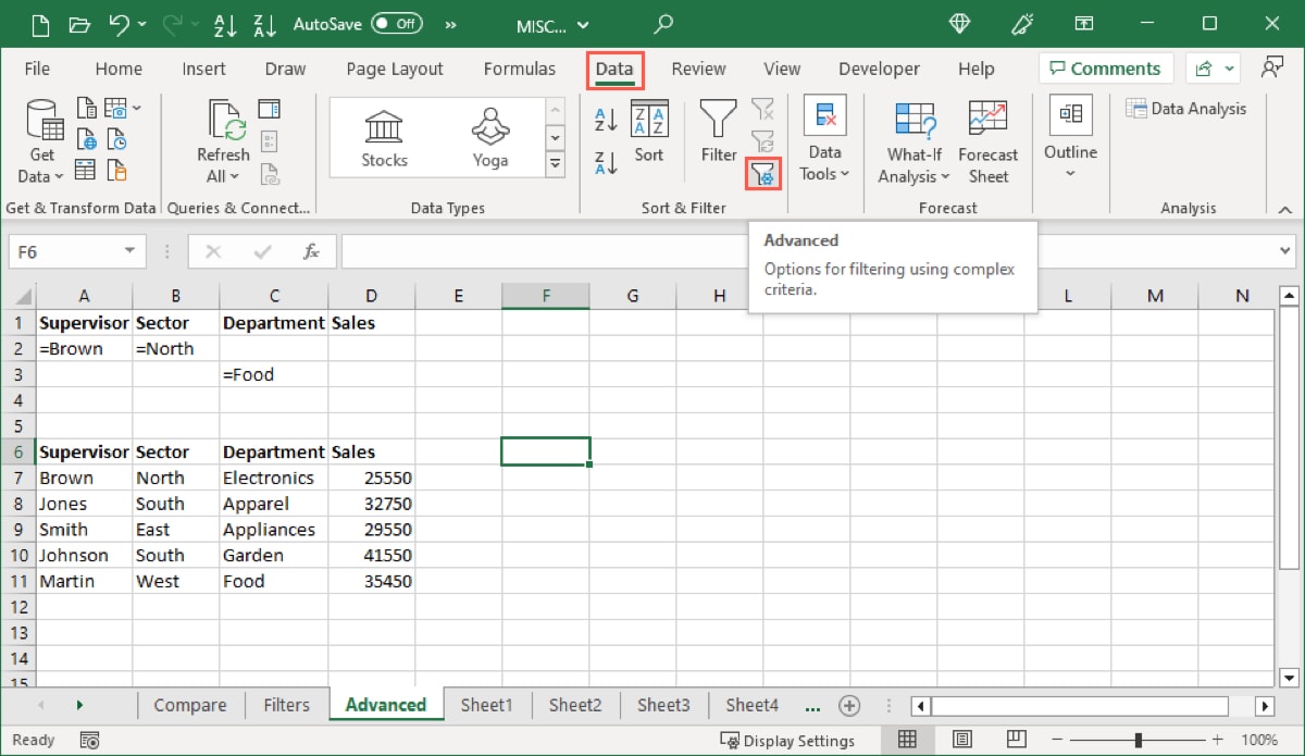 Advanced Filter on the Data tab in Excel