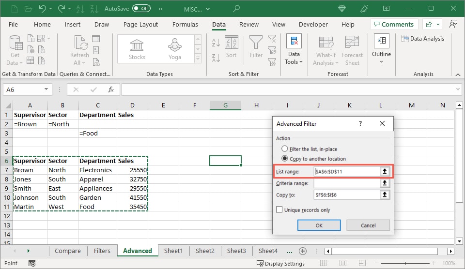 Advanced Filter List Range