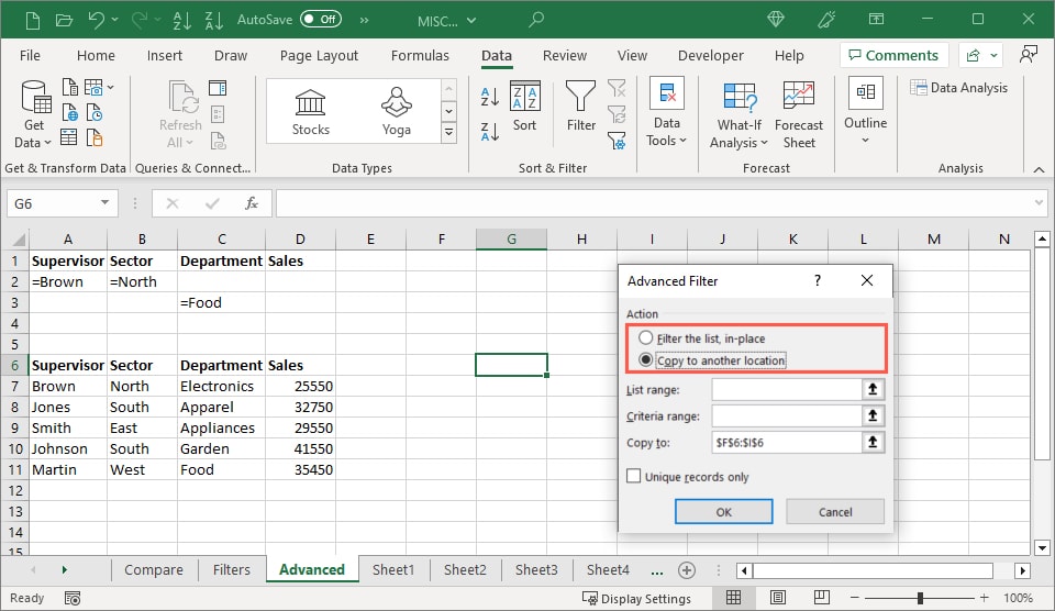 Advanced Filter location for the copied data