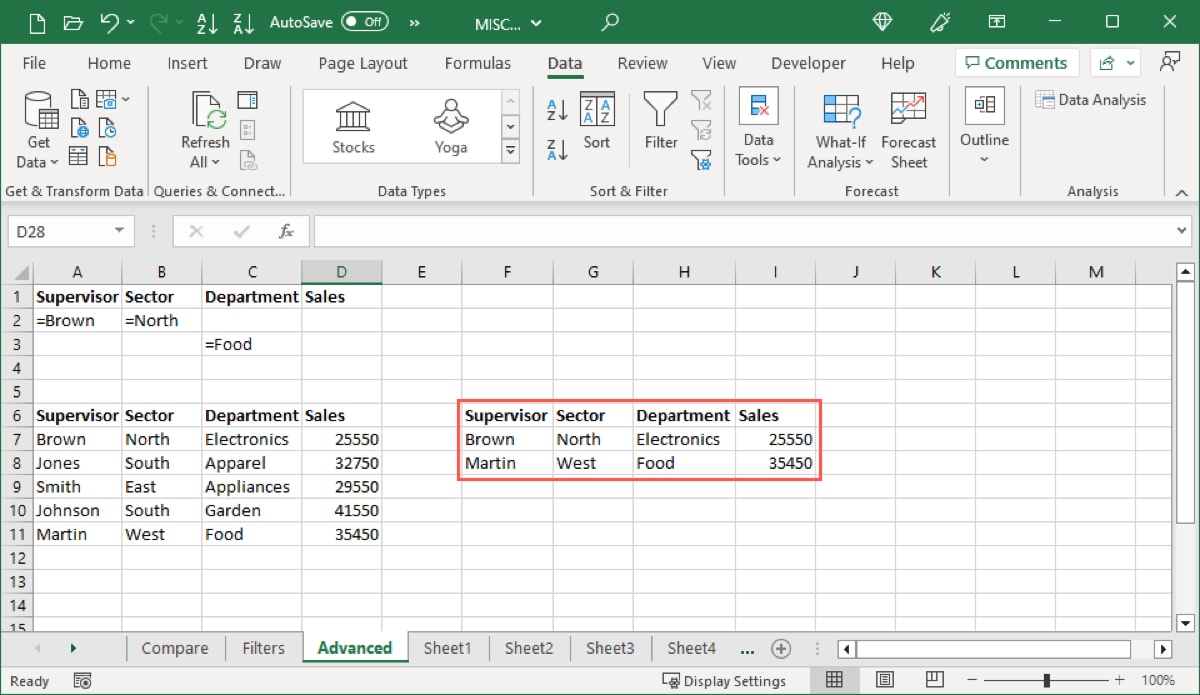Advanced Filter applied in Excel
