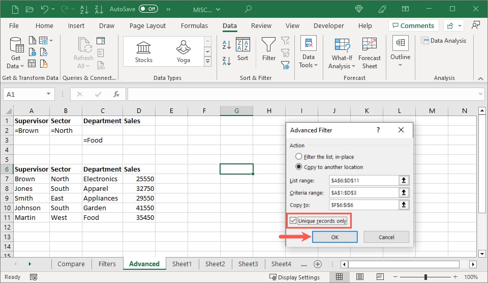 Advanced Filter Unique Records Only and OK button