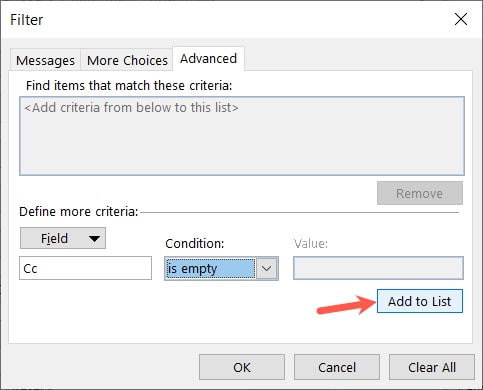 Advanced tab Add to List button for a condition