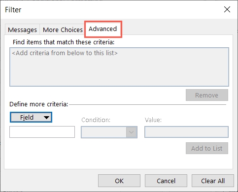 Advanced tab for a condition